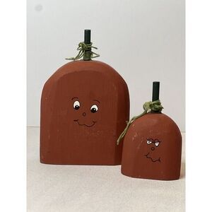Wooden Halloween Pumpkin Pair Happy Painted Face Crafts‎ Country Farmhouse